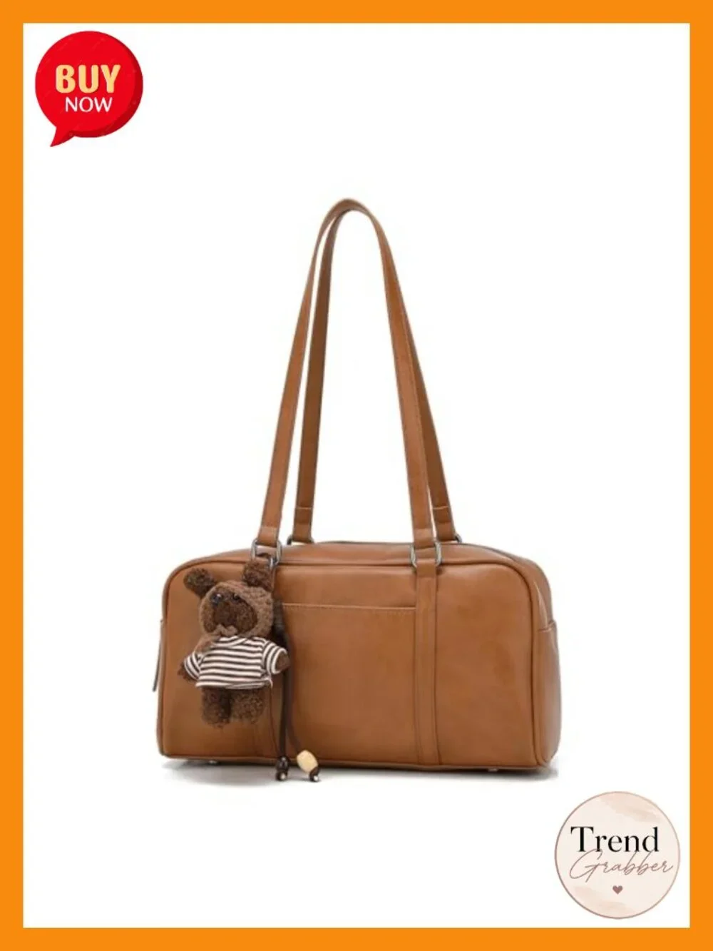 Vegan Leather Y2K Boston Shoulder Bag with Bear Charm Vintage Bowling Purse